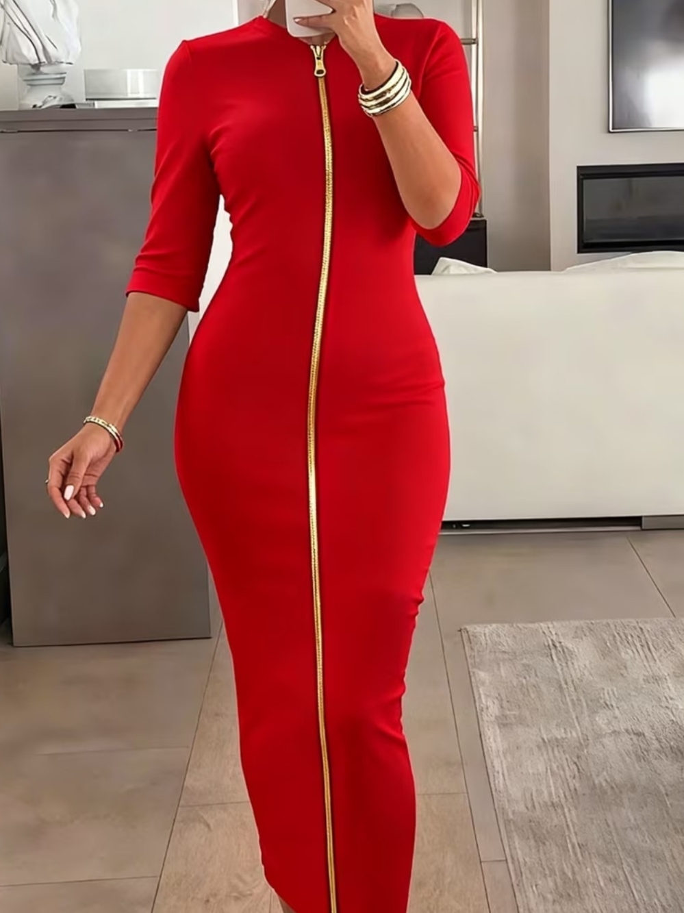 Elegant Red Zip-Front Bodycon Dress